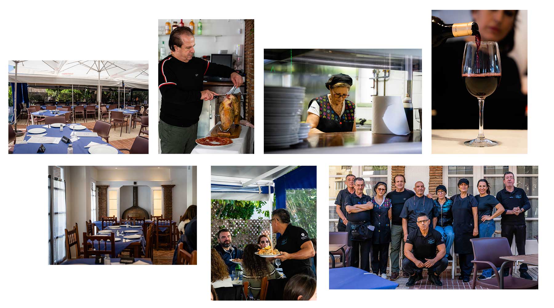Freiduría Miraflores collage: terrace, dining room, kitchen and team